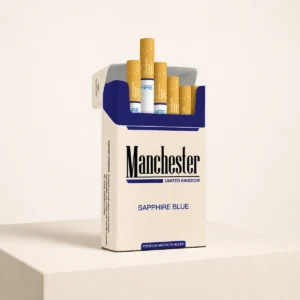 Manchester Sapphire Blue packaging photographed for a neutral product reference entry page